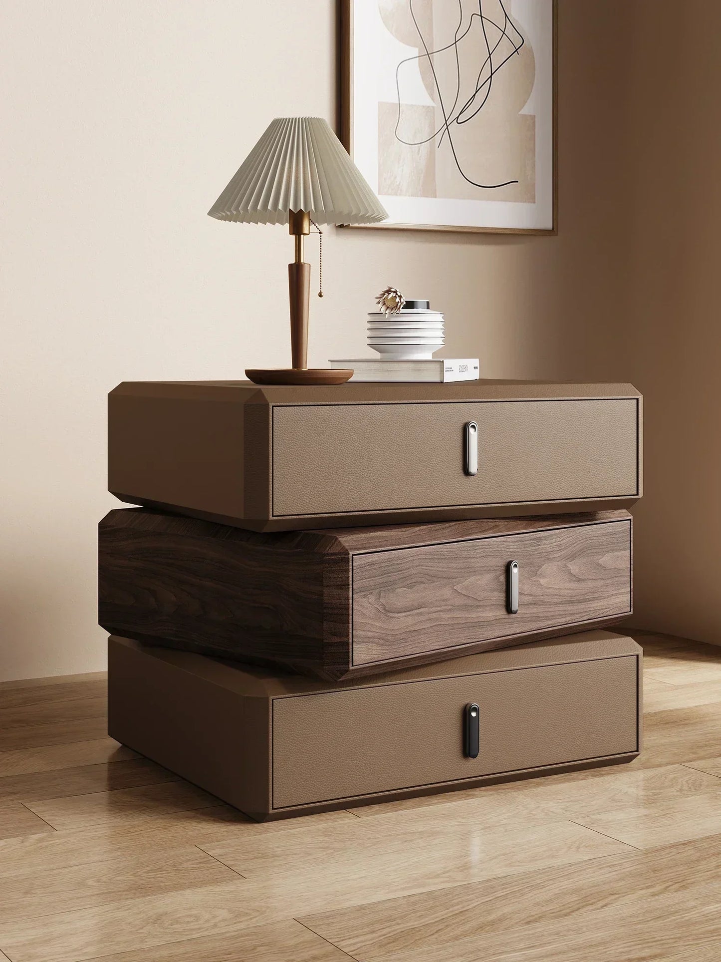 Rotating Solid Wood Nightstand Modern White Drawer