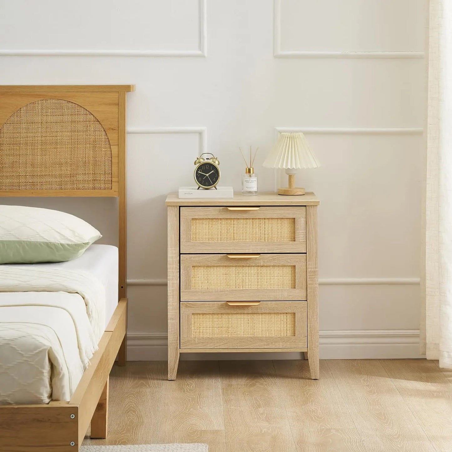 Rattan Nightstand Boho Cabinet With 3 Natural Rattan Drawers
