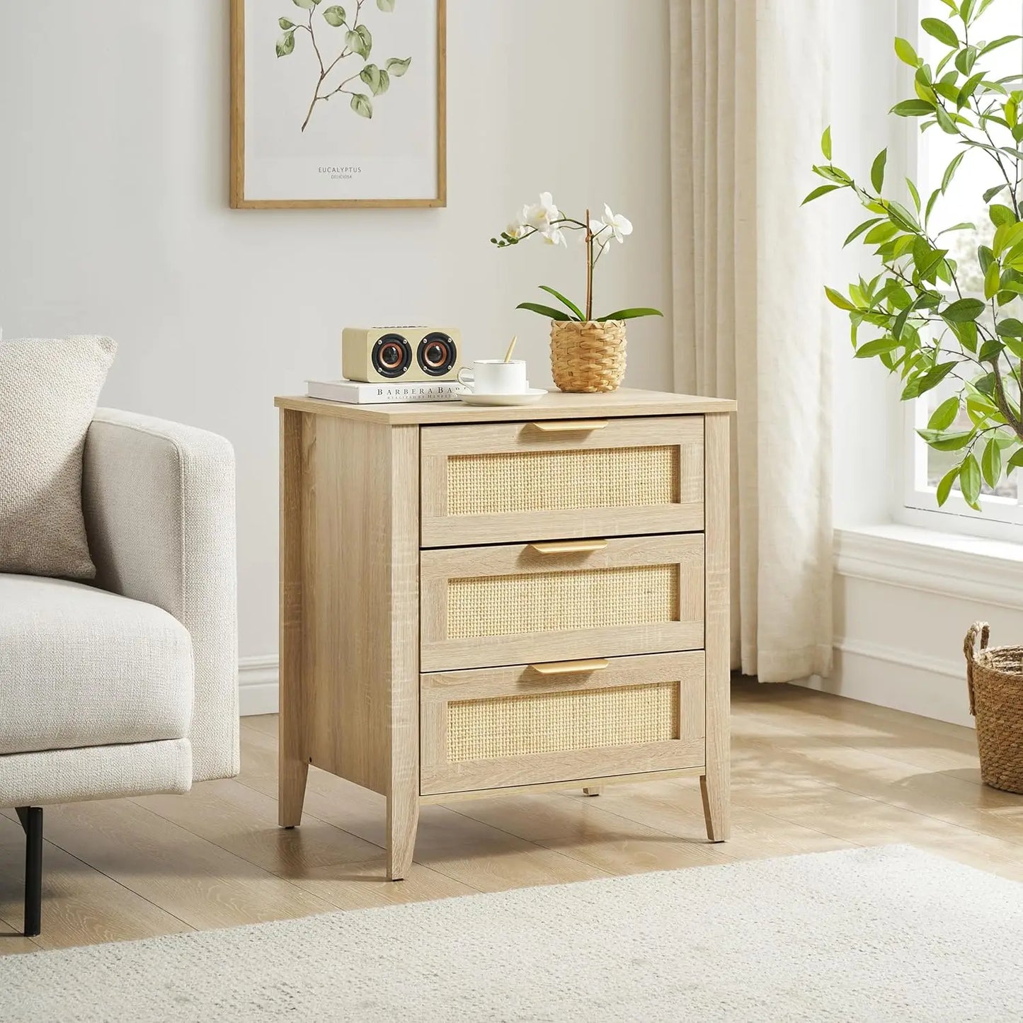Rattan Nightstand Boho Cabinet With 3 Natural Rattan Drawers
