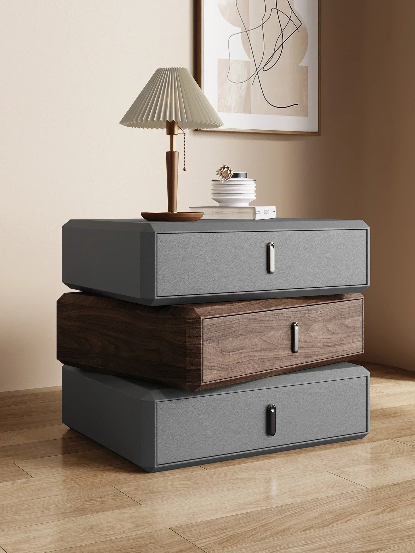 Rotating Solid Wood Nightstand Modern White Drawer