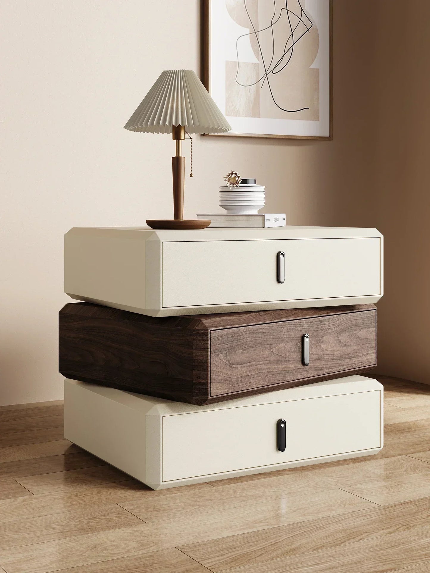 Rotating Solid Wood Nightstand Modern White Drawer