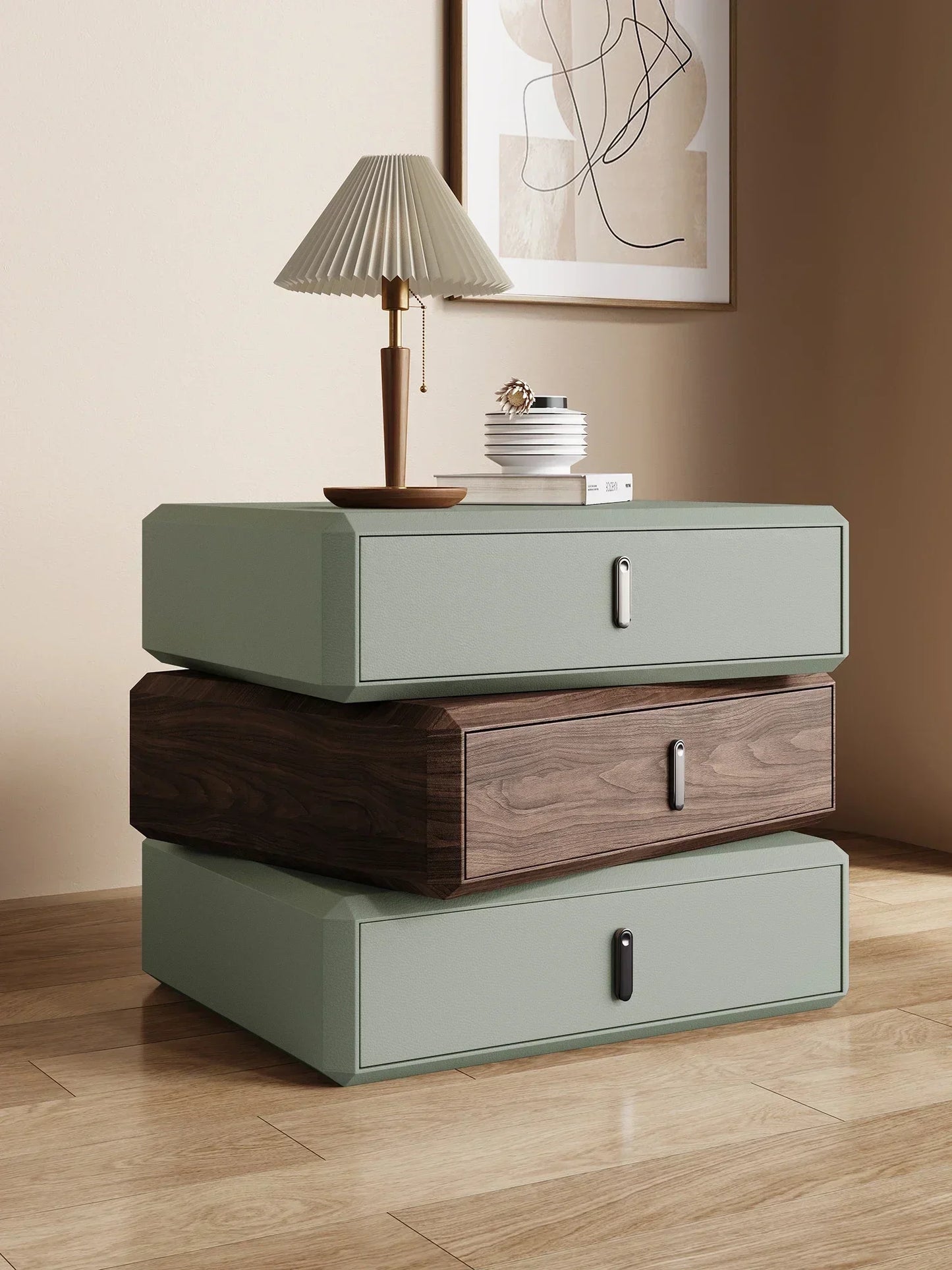 Rotating Solid Wood Nightstand Modern White Drawer