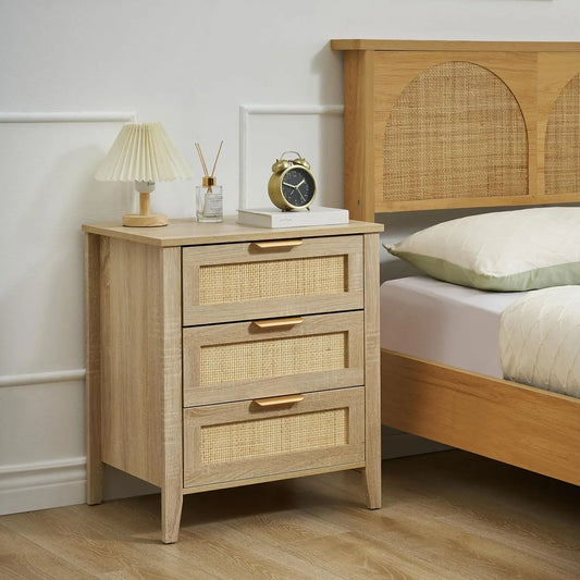 Rattan Nightstand Boho Cabinet With 3 Natural Rattan Drawers